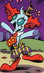 Size: 449x735 | Tagged: safe, artist:andypriceart, idw, ocellus, changedling, changeling, spoiler:comic, spoiler:comic71, clothes, clown, clown hair, clown nose, clown shoes, costume, cropped, female, necktie, nightmare night costume, open mouth, outfit catalog, solo