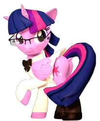 Size: 4320x5242 | Tagged: safe, artist:flushthebatsanta, derpibooru exclusive, twilight sparkle, twilight sparkle (alicorn), alicorn, pony, 3d, bowtie, butt, clothes, glasses, plot, source filmmaker