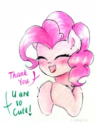 Size: 2005x2673 | Tagged: safe, artist:liaaqila, part of a set, pinkie pie, earth pony, pony, blushing, bust, cute, dialogue, diapinkes, eyes closed, simple background, smiling, solo, traditional art