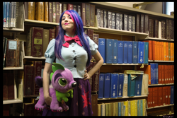 Size: 5184x3456 | Tagged: safe, artist:krazykari, spike, twilight sparkle, dog, human, equestria girls, book, bookshelf, clothes, cosplay, costume, equestria girls outfit, irl, irl human, photo, plushie, spike the dog