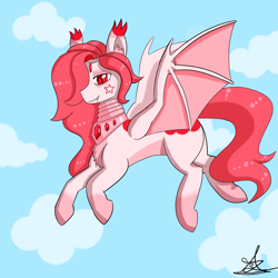 Size: 2400x2400 | Tagged: safe, artist:zachc, derpibooru import, oc, oc only, bat pony, pony, bat wings, cloud, female, mare, simple background, sky, solo, spread wings, wings