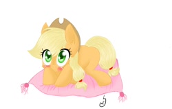 Size: 1408x896 | Tagged: safe, artist:millyarts, applejack, earth pony, pony, blushing, cute, ear fluff, female, jackabetes, mare, missing cutie mark, pillow, prone, simple background, solo, white background