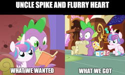 Size: 829x499 | Tagged: safe, edit, edited screencap, screencap, princess flurry heart, spike, alicorn, dragon, pony, a flurry of emotions, blocks, bonding, book, female, filly, list, male, meme, missed opportunities, paper, reading, sitting, sugarcube corner, text, throwing, uncle spike