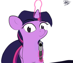 Size: 1631x1416 | Tagged: safe, artist:vultraz, twilight sparkle, twilight sparkle (alicorn), alicorn, pony, delet this, female, gun, levitation, magic, mare, phallic symbol, simple background, solo, telekinesis, threatening, twiggie, weapon, white background