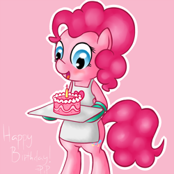 Size: 1200x1200 | Tagged: safe, artist:pinkieinprivate, artist:pinkiepieskitchen, pinkie pie, earth pony, pony, apron, bipedal, cake, clothes, food, gloves, mittens, naked apron, pinkiepieskitchen, solo