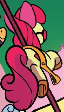 Size: 130x229 | Tagged: safe, idw, apple bloom, scootaloo, spoiler:comic, spoiler:comic78, bridle, carousel, inanimate tf, merry-go-round, saddle, solo focus, stirrups, tack, transformation