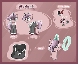 Size: 2500x2068 | Tagged: safe, artist:iheyyasyfox, oc, oc:wonder, pony, unicorn, clothes, female, glasses, magic, mare, quill, reference sheet, solo, suit