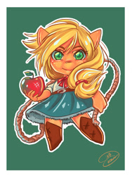 Size: 768x1024 | Tagged: safe, artist:dinakyo, applejack, anthro, apple, belt, boots, chibi, clothes, colored pupils, cute, denim skirt, female, food, jackabetes, lasso, looking at you, rope, shoes, skirt, solo