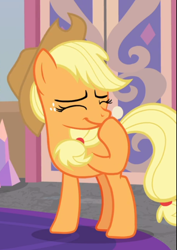 Size: 598x846 | Tagged: safe, screencap, applejack, earth pony, pony, the mean 6, amused, applejack's hat, cowboy hat, cropped, cute, eyes closed, female, freckles, giggling, hat, jackabetes, mare, raised hoof, solo