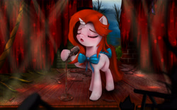 Size: 6160x3850 | Tagged: safe, artist:darksly, oc, oc only, pony, unicorn, fallout equestria, apocalypse, bow, detailed background, eyes closed, female, mare, microphone, singing, solo, stage, tail bow