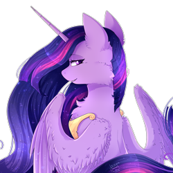 Size: 2049x2049 | Tagged: safe, artist:wolfythewolf555, princess twilight 2.0, twilight sparkle, twilight sparkle (alicorn), alicorn, pony, the last problem, bedroom eyes, cheek fluff, chest fluff, female, fluffy, looking at you, looking back, looking back at you, mare, older, older twilight, rear view, simple background, smiling, solo, transparent background, white outline, wing claws, wing fluff