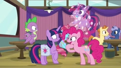 Size: 1920x1080 | Tagged: safe, derpibooru import, screencap, golden crust, midnight snack (character), pinkie pie, spike, twilight sparkle, twilight sparkle (alicorn), alicorn, dragon, earth pony, pony, a trivial pursuit, balloon, friendship student, saddle bag, shrunken pupils, winged spike