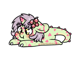 Size: 398x314 | Tagged: safe, artist:cottonsweets, part of a set, oc, pony, unicorn, bean pony, bean ych, blushing, cute, dinopone, eye clipping through hair, flower, flower in hair, green, pink, simple background, solo, transparent background, ych result