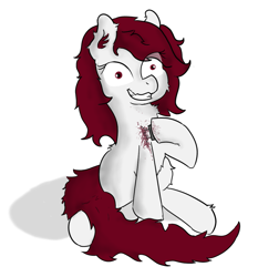 Size: 995x1068 | Tagged: safe, artist:poniesmine, oc, oc only, oc:atomic discharge, pony, blood, crazy face, deranged, ear fluff, faic, female, fluffy, grimcute, knife, mare, shading, shadow, sitting, tail wrap, teeth