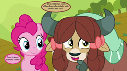 Size: 800x450 | Tagged: safe, derpibooru import, edit, edited screencap, screencap, pinkie pie, yona, earth pony, pony, yak, she's all yak, bon bon's baking cookies girls, bow, cloven hooves, cute, dialogue, diapinkes, duo, female, hair bow, implied bon bon, implied lyra, mare, monkey swings, speech bubble, yonadorable