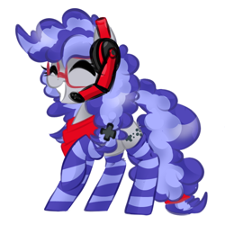 Size: 700x700 | Tagged: safe, artist:jen-neigh, oc, oc only, oc:cinnabyte, adorkable, bandana, clothes, commission, cute, dork, excited, eyes closed, gaming headset, glasses, headset, simple background, sketch, smiling, socks, solo, striped socks, white background