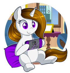 Size: 1784x1861 | Tagged: safe, artist:xwhitedreamsx, derpibooru import, oc, oc only, pony, unicorn, female, mare, nintendo switch, pillow, simple background, smiling, solo, transparent background