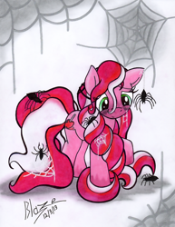 Size: 924x1200 | Tagged: safe, artist:blazelupine, oc, oc only, oc:spooky apple, earth pony, pony, spider, female, solo, spider web, traditional art