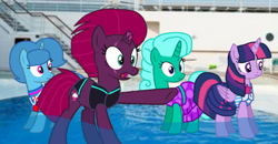 Size: 2069x1080 | Tagged: safe, artist:徐詩珮, fizzlepop berrytwist, glitter drops, spring rain, tempest shadow, twilight sparkle, twilight sparkle (alicorn), alicorn, unicorn, series:sprglitemplight diary, series:sprglitemplight life jacket days, series:springshadowdrops diary, series:springshadowdrops life jacket days, alternate universe, base used, bisexual, broken horn, clothes, cute, equestria girls outfit, female, glitterbetes, glitterlight, glittershadow, horn, lesbian, lifeguard, lifeguard spring rain, polyamory, shipping, sprglitemplight, springbetes, springdrops, springlight, springshadow, springshadowdrops, swimsuit, tempestbetes, tempestlight