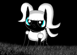 Size: 1057x755 | Tagged: safe, alternate version, artist:undeadponysoldier, oc, oc only, oc:foalita, earth pony, pony, adorable face, alternate eye color, black and white, black background, clothes, cute, cute smile, dress, female, filly, goth, gothic lolita, grass, grayscale, monochrome, pigtails, pretty, recolor, simple background, solo