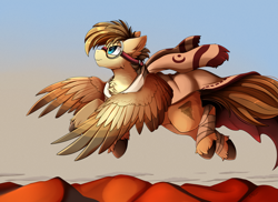 Size: 3509x2550 | Tagged: safe, artist:pridark, oc, oc:sandstorm, pegasus, pony, cloven hooves, colored wings, commission, desert, flying, goggles, high res, male, multicolored wings, solo, wings