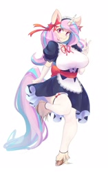 Size: 1003x1600 | Tagged: safe, artist:larkdraws, oc, oc only, oc:pop candy, anthro, unguligrade anthro, unicorn, anthro oc, clothes, female, looking at you, maid, mare, peace sign, simple background, solo, unshorn fetlocks, white background