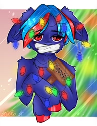 Size: 834x1080 | Tagged: safe, artist:ilona furry, oc, oc only, oc:hellfire, pegasus, semi-anthro, blue fur, bondage, christmas, christmas lights, christmas tree, floppy ears, fur, gag, holiday, implied pegasus, red eyes, sad, solo, tape, tape gag, tree