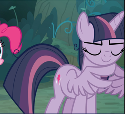Size: 1029x940 | Tagged: safe, screencap, mean twilight sparkle, pinkie pie, earth pony, pony, the mean 6, animation error, clone, cropped, eyes closed, female, gendo pose, mare, smiling, solo focus, wing hands, wings