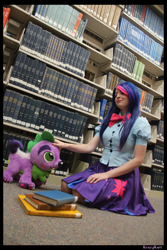 Size: 3456x5184 | Tagged: safe, artist:krazykari, spike, twilight sparkle, dog, human, equestria girls, book, bookshelf, clothes, cosplay, costume, equestria girls outfit, irl, irl human, photo, plushie, spike the dog