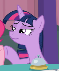 Size: 590x717 | Tagged: safe, screencap, twilight sparkle, twilight sparkle (alicorn), alicorn, pony, a trivial pursuit, cropped, cute, lidded eyes, offscreen character, smiling, smirk, solo, twiabetes