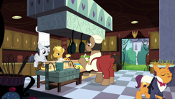 Size: 1920x1080 | Tagged: safe, screencap, gourmand ramsay, rumble, earth pony, pegasus, pony, unicorn, the last problem, background pony, balancing, canterlot, chef, chef outfit, chef's hat, clothes, colt, continuity, cook, frying pan, gordon ramsay, hat, hors d'oeuvre, kitchen, male, port wine, pot, puff pastry, stallion, suspenders, tuxedo, waiter