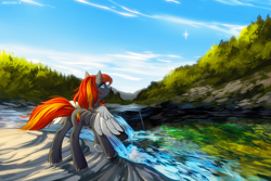 Size: 1400x933 | Tagged: safe, artist:margony, oc, oc only, oc:flame runner, pegasus, pony, female, mare, river, rock, scenery, scenery porn, solo, supernova