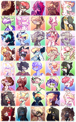 Size: 1017x1618 | Tagged: safe, artist:mcwolfity, oc, oc only, bat pony, earth pony, pegasus, pony, unicorn, :p, abstract background, bat pony oc, bat wings, black sclera, blushing, bow, bowtie, bust, chest fluff, clothes, colored hooves, ear fluff, ear piercing, earring, earth pony oc, ethereal mane, eye clipping through hair, eyes closed, face mask, female, freckles, frown, glasses, grin, hair bow, hair over one eye, hat, heterochromia, horn, jewelry, male, mare, nose piercing, nose ring, pegasus oc, piercing, scarf, smiling, stallion, starry mane, third eye, tongue out, unicorn oc, wingding eyes, wings
