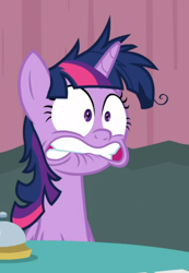 Size: 562x812 | Tagged: safe, screencap, twilight sparkle, twilight sparkle (alicorn), alicorn, pony, a trivial pursuit, cropped, faic, female, folded wings, lip bite, mare, messy mane, obsessed, panicking, shrunken pupils, solo, twilight snapple, twilighting, wide eyes, wings, worried