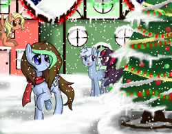 Size: 2300x1800 | Tagged: safe, artist:jagga-chan, oc, oc only, pegasus, pony, unicorn, christmas, christmas tree, clothes, female, holiday, mare, scarf, snow, tree