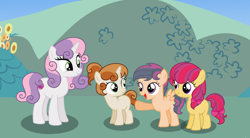 Size: 2692x1488 | Tagged: safe, artist:staricy097, sweetie belle, oc, oc:ally, oc:pear bloom, oc:rain, earth pony, pegasus, pony, unicorn, female, filly, offspring, older, parent:apple bloom, parent:button mash, parent:sweetie belle, parent:tender taps, parents:sweetiemash, parents:tenderbloom
