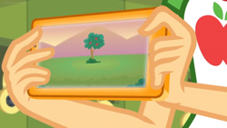 Size: 1600x900 | Tagged: safe, screencap, applejack, equestria girls, equestria girls series, holidays unwrapped, spoiler:eqg series (season 2), apple, apple tree, applejack's phone, grass, photo, scenery, tree