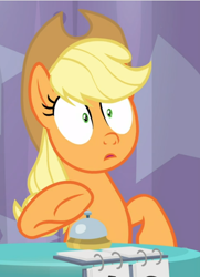 Size: 632x871 | Tagged: safe, screencap, applejack, earth pony, pony, a trivial pursuit, cropped, female, mare, open mouth, raised hoof, shocked, shrunken pupils, sitting, solo, underhoof