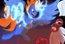 Size: 1280x853 | Tagged: safe, artist:shinhoffman, lord tirek, oc, oc:harmony star, alicorn, alicorn oc, armpits, fight, lightning, magic