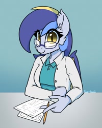 Size: 1504x1884 | Tagged: safe, artist:puetsua, oc, oc only, oc:eclipse lim, anthro, bat pony, anthro oc, bat pony oc, clothes, ear fluff, female, glasses, gradient background, lab coat, looking at you, mare, paper, pencil, slit eyes, smiling, solo