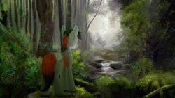 Size: 2048x1151 | Tagged: safe, artist:honeyapplecake, artist:honeyapplecake1, oc, oc only, bird, earth pony, pony, forest, river, saddle bag, scenery, solo