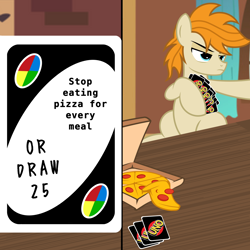 Size: 2500x2500 | Tagged: safe, artist:pizzamovies, oc, oc:pizzamovies, annoyed, exploitable meme, food, meat, meme, pepperoni, pepperoni pizza, pizza, pizza box, show accurate, solo, uno