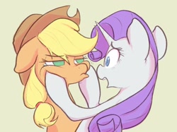Size: 2048x1534 | Tagged: safe, artist:noupu, derpibooru import, applejack, rarity, earth pony, pony, unicorn, applejack's hat, cowboy hat, crying, duo, eye contact, female, hat, hooves on cheeks, looking at each other, mare, not amused face, simple background