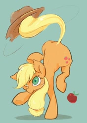 Size: 634x900 | Tagged: safe, artist:noupu, derpibooru import, applejack, earth pony, pony, apple, applejack's hat, cowboy hat, food, freckles, green eyes, hat, simple background, trick