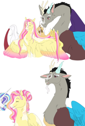 Size: 3000x4400 | Tagged: safe, artist:arexstar, discord, fluttershy, rarity, pegasus, pony, unicorn, colored wings, discoshy, female, high res, male, multicolored wings, older, shipping, simple background, straight, white background, wings