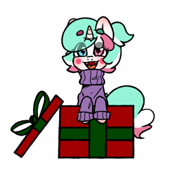 Size: 700x700 | Tagged: safe, artist:cottonsweets, oc, oc only, oc:cottonsweet, candy pony, cat, cat pony, food pony, original species, pony, unicorn, bubblegum, clothes, commission, cute, eye clipping through hair, food, gum, marshmallow, present, simple background, solo, sweater, transparent background, your character here