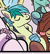 Size: 177x189 | Tagged: safe, artist:kate sherron, derpibooru import, sandbar, silverstream, yona, zephyr breeze, classical hippogriff, earth pony, hippogriff, pony, yak, spoiler:comic, spoiler:comic74, cropped, eyes closed, female, hooves behind head, male, offscreen character, relaxing, smiling