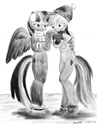 Size: 1024x1304 | Tagged: safe, artist:rockhoppr3, rainbow dash, twilight sparkle, twilight sparkle (alicorn), alicorn, anthro, pegasus, beanie, boots, clothes, earmuffs, female, lesbian, monochrome, scarf, shipping, shoes, twidash