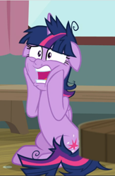 Size: 614x941 | Tagged: safe, screencap, twilight sparkle, twilight sparkle (alicorn), alicorn, pony, a trivial pursuit, cropped, faic, floppy ears, hooves on face, messy mane, open mouth, sitting, solo, squishy cheeks, twilight snapple