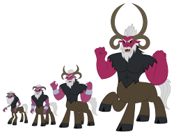 Size: 5720x4393 | Tagged: safe, artist:aleximusprime, idw, sendak the elder, centaur, flurry heart's story, fiendship is magic, all forms, beard, cloven hooves, comic exclusive character, comics, evolution, facial hair, final form, horns, scale, simple background, size comparison, super form, transparent background